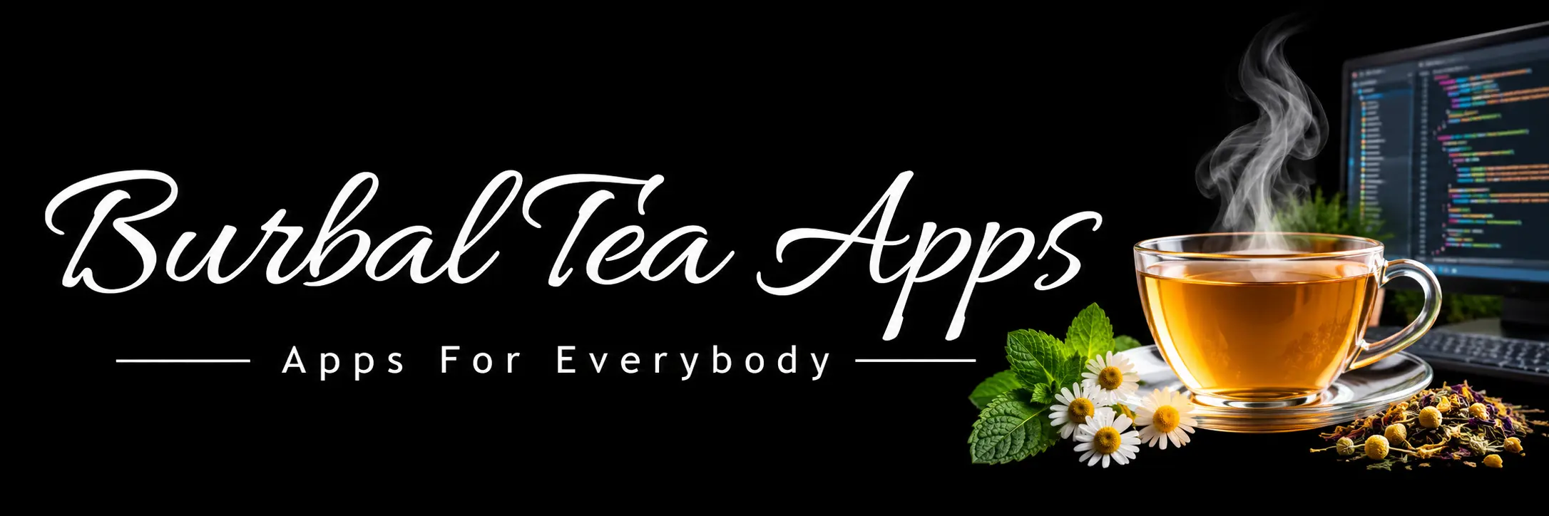 Burbal Tea Apps — Apps for Everybody. A steaming cup of amber tea, fresh mint, and chamomile beside a computer.
